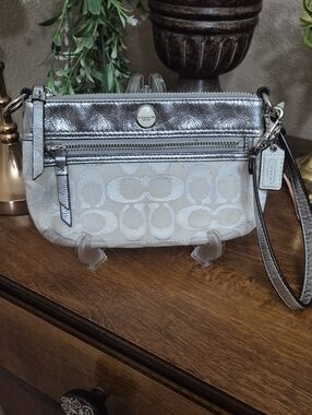 Coach Silver Metallic Trim Signature Jacquard Wristlet